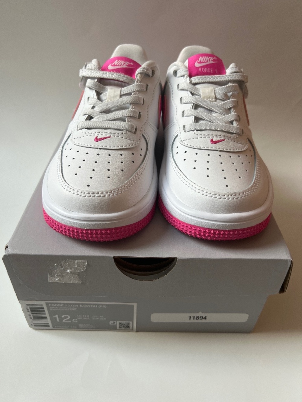 NIB Nike Force 1 Low Easyon (PS) White/Laser Fuchsia Size 12C